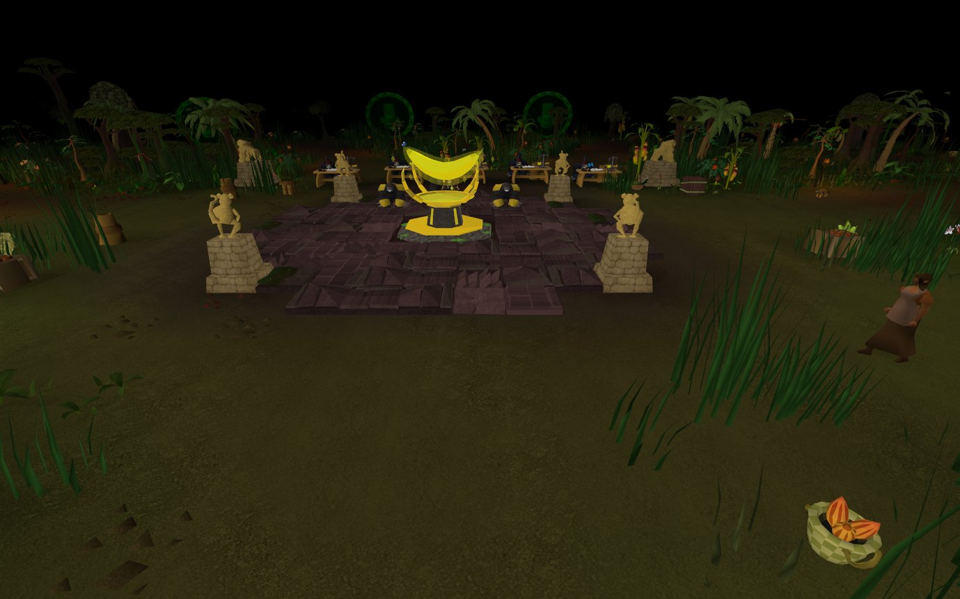 The Mystic banana in the hub of Afk Atoll, ringed by monkey statues