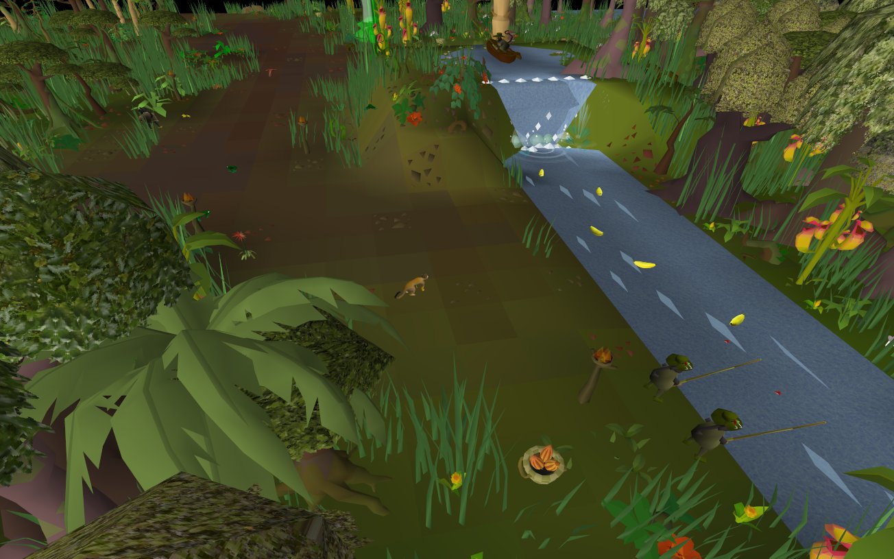 The banana stream on Afk Atoll: a waterfall pours into a stream full of floating bananas, with monkey fishers on the bank