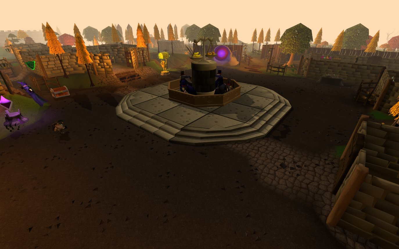 The Edgeville home: the Grand Exchange booth with its gorilla clerks and balance-scale statue, under autumn trees